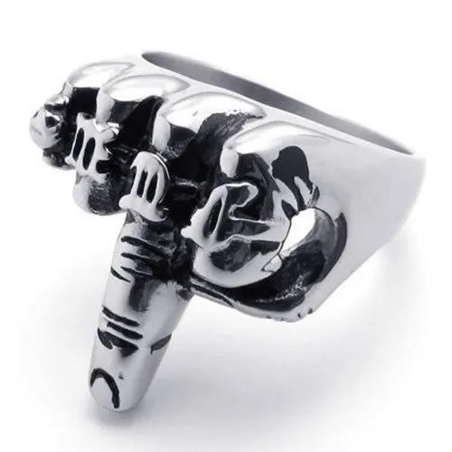 Men Biker Finger Up Stainless Steel Ring Black