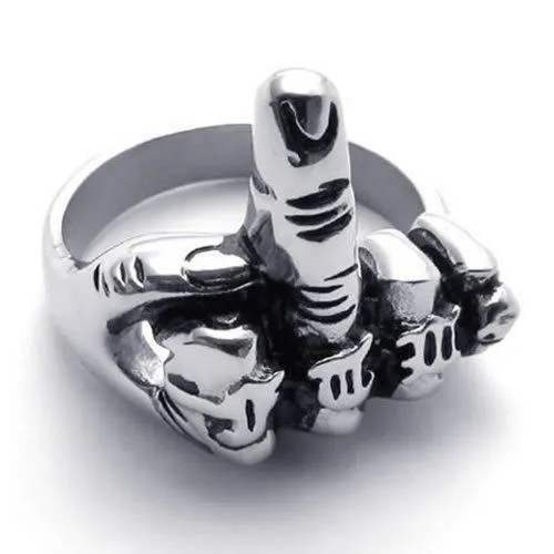 Men Biker Finger Up Stainless Steel Ring Black