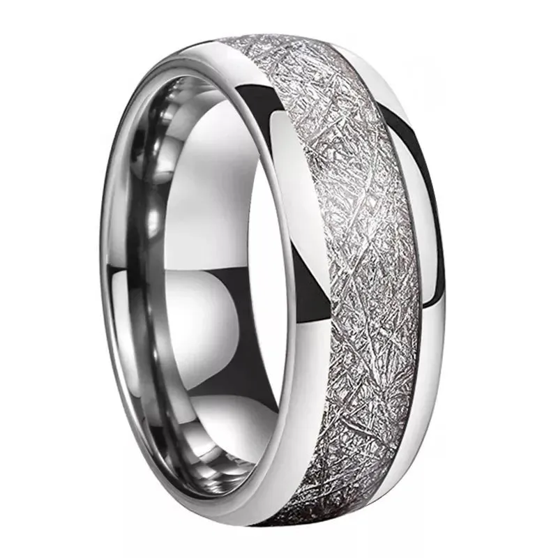 Meteorite Inlay Dome Wedding Ring in Polished Silver Tungsten (4/6/8mm)