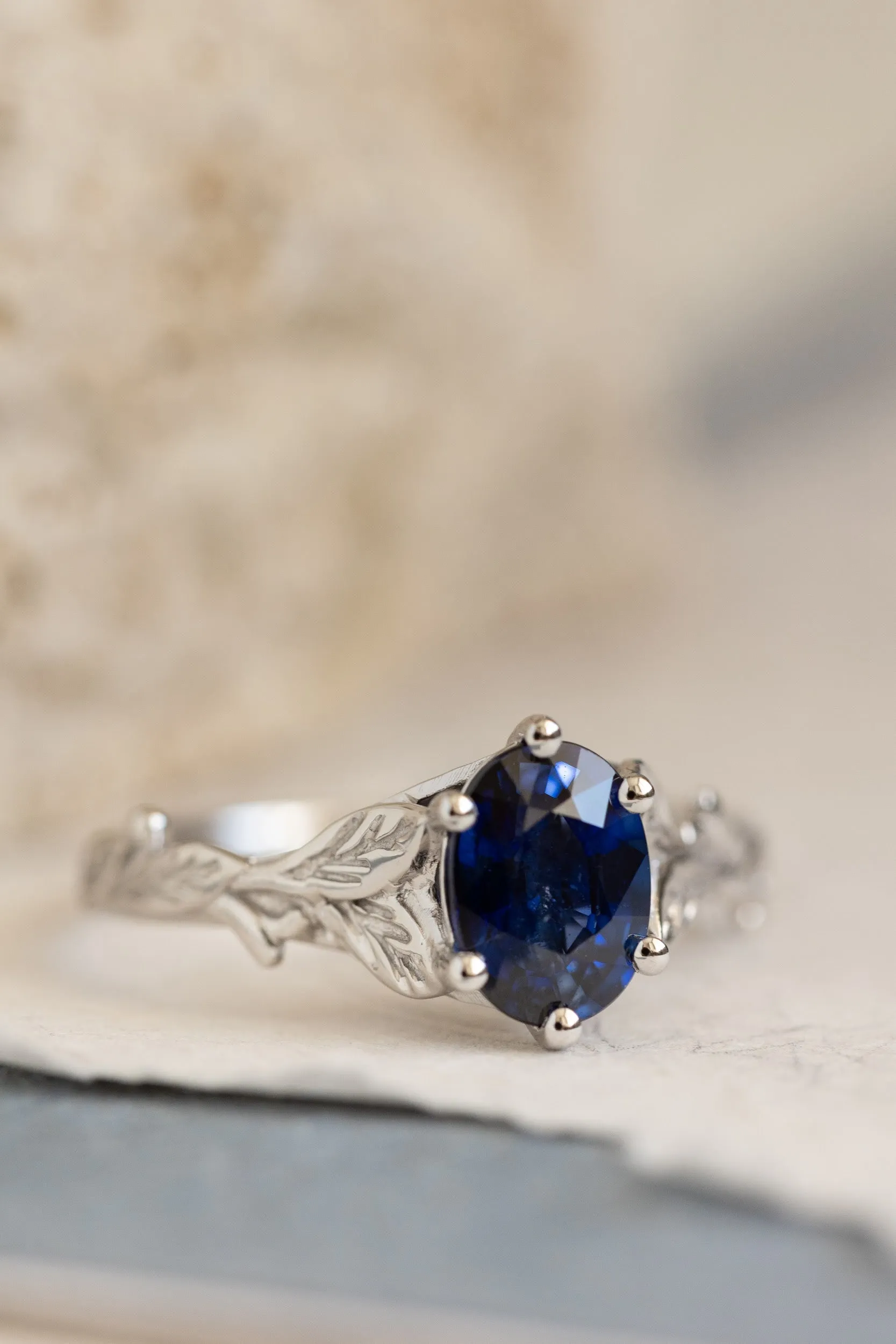 Natural blue sapphire gold leaf engagement ring, oval cut gemstone proposal ring / Freesia