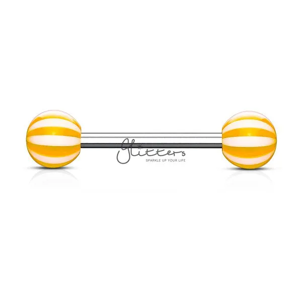 Orange Candy Stripe Acrylic Ball with Surgical Steel Tongue Bar