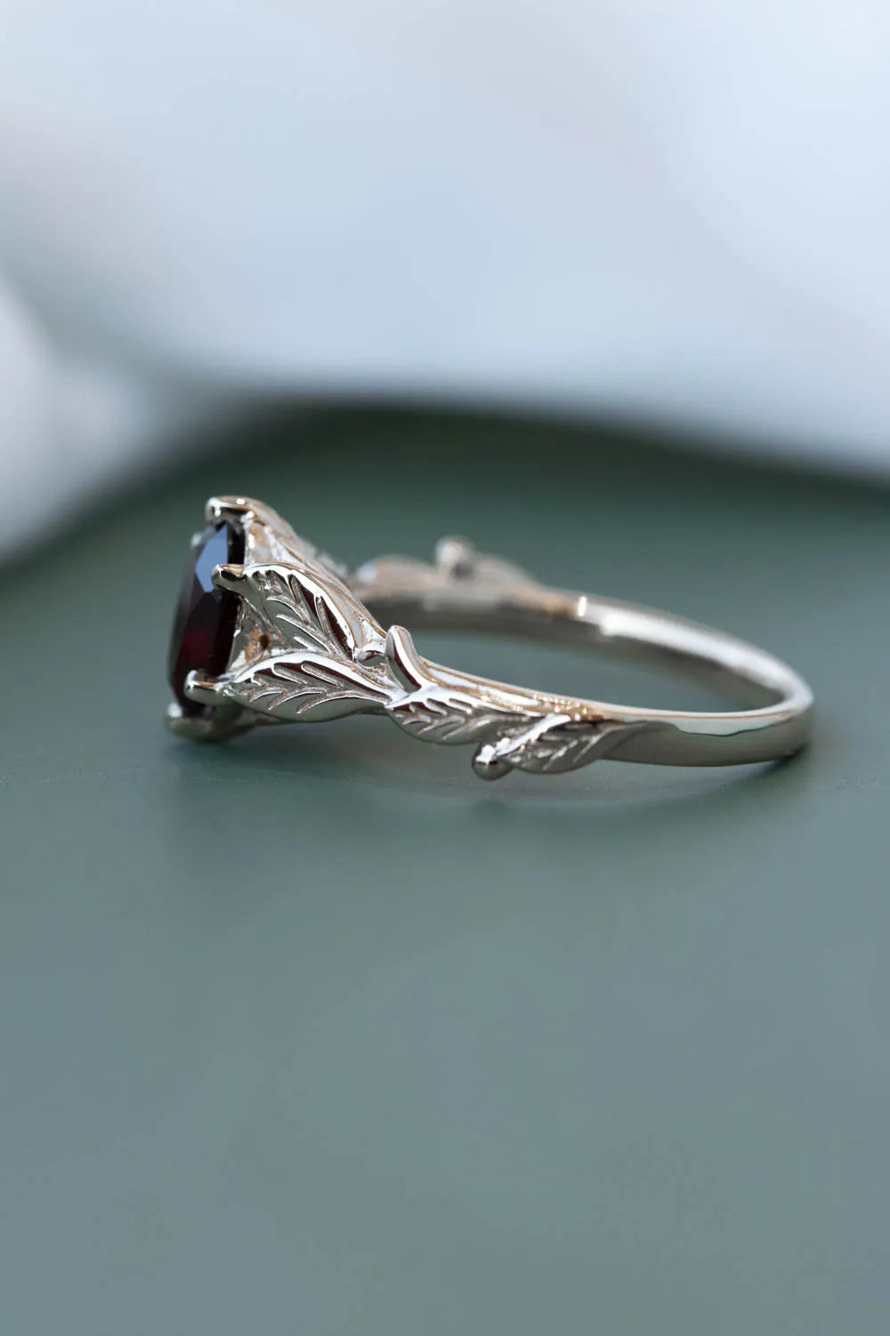 Oval garnet gold engagement ring, white gold leaves proposal ring / Freesia