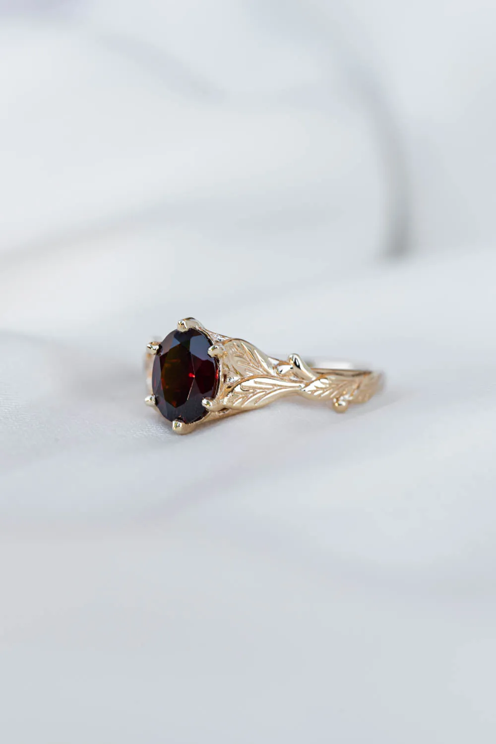 Oval garnet gold engagement ring, white gold leaves proposal ring / Freesia