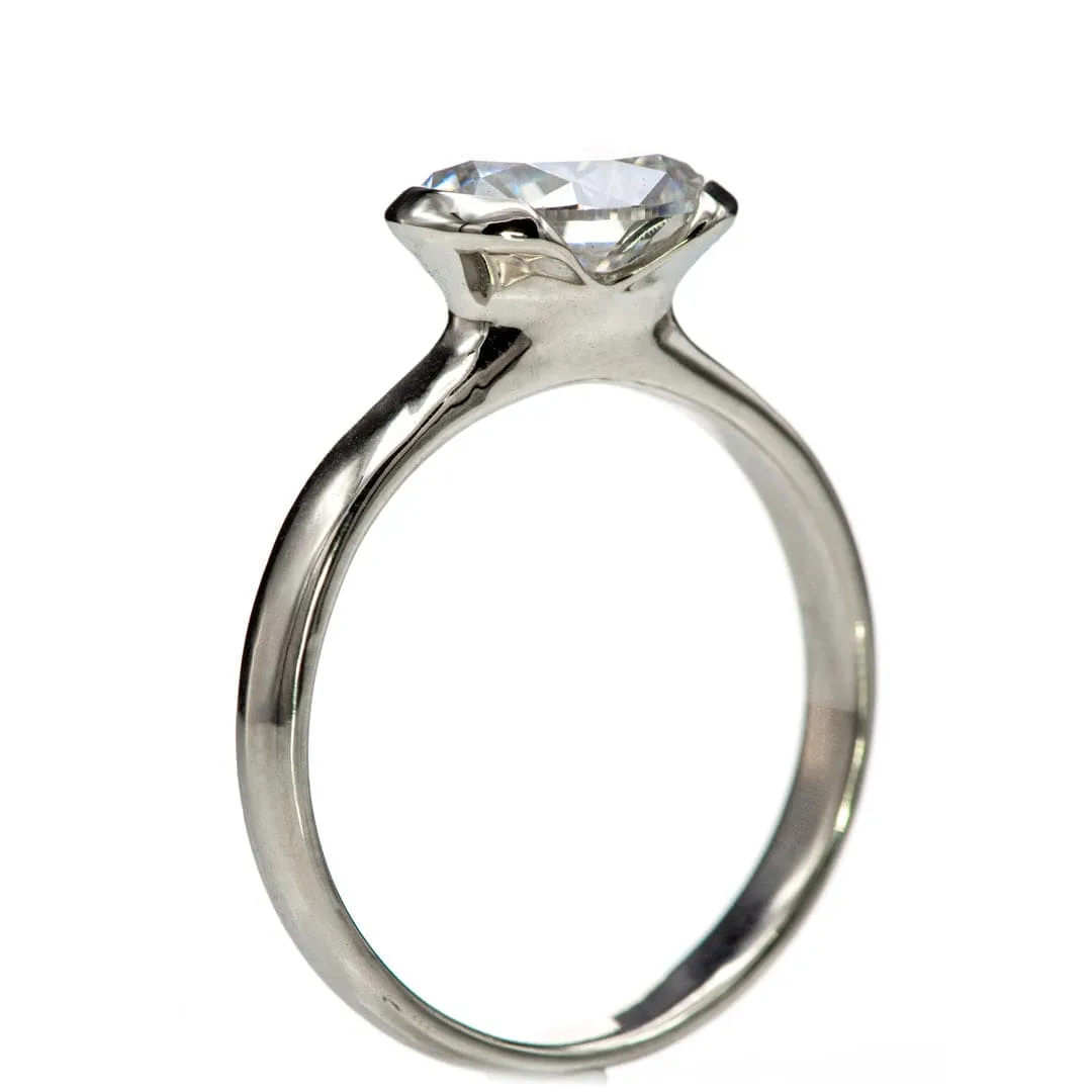 Oval Moissanite Ring Half Bezel 14k White Gold Halley Solitaire Engagement Ring - Ready To Ship