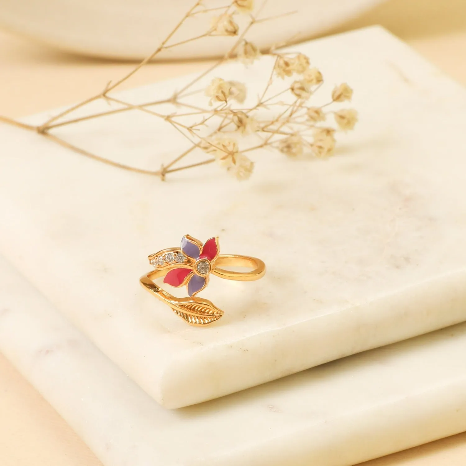 Pansy Floral CZ Leaf Finger Ring