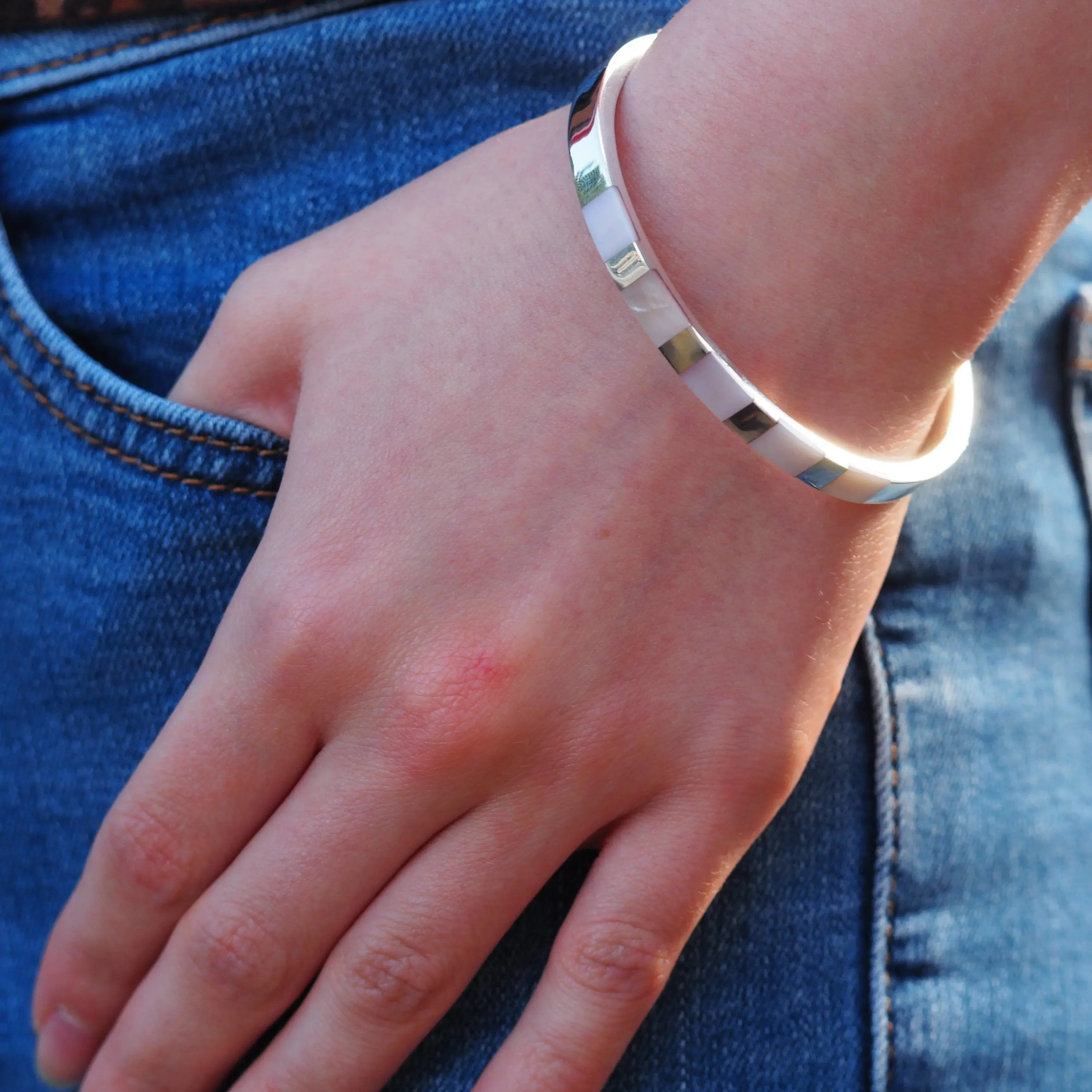 Personalised Sterling Silver Mother of Pearl Bangle