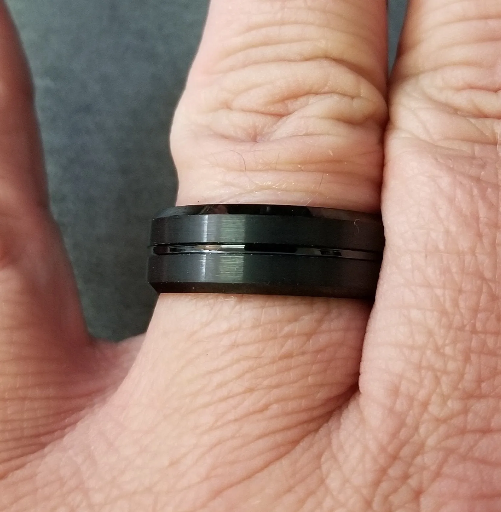 Personalized Men's Matte Black Grooved Tungsten Wedding Ring - Handwriting Ring