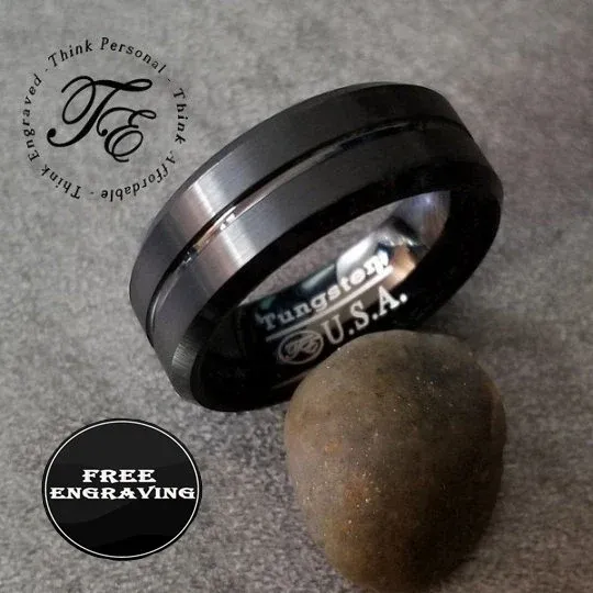 Personalized Men's Matte Black Grooved Tungsten Wedding Ring - Handwriting Ring