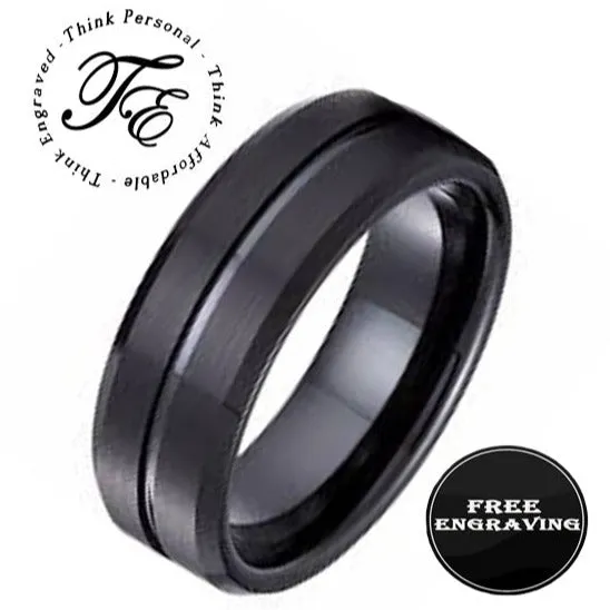 Personalized Men's Matte Black Grooved Tungsten Wedding Ring - Handwriting Ring