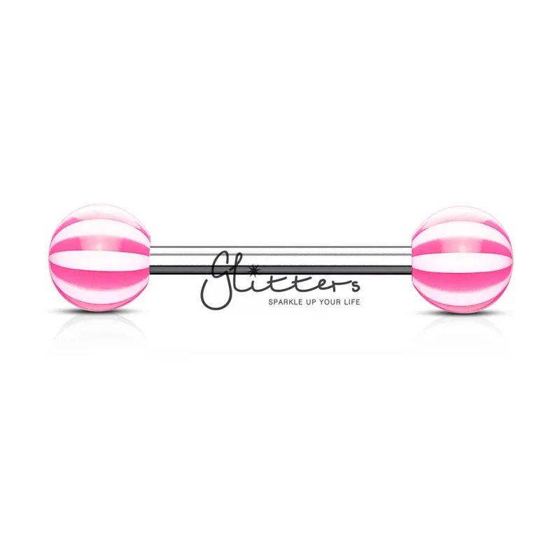 Pink Candy Stripe Acrylic Ball with Surgical Steel Tongue Bar