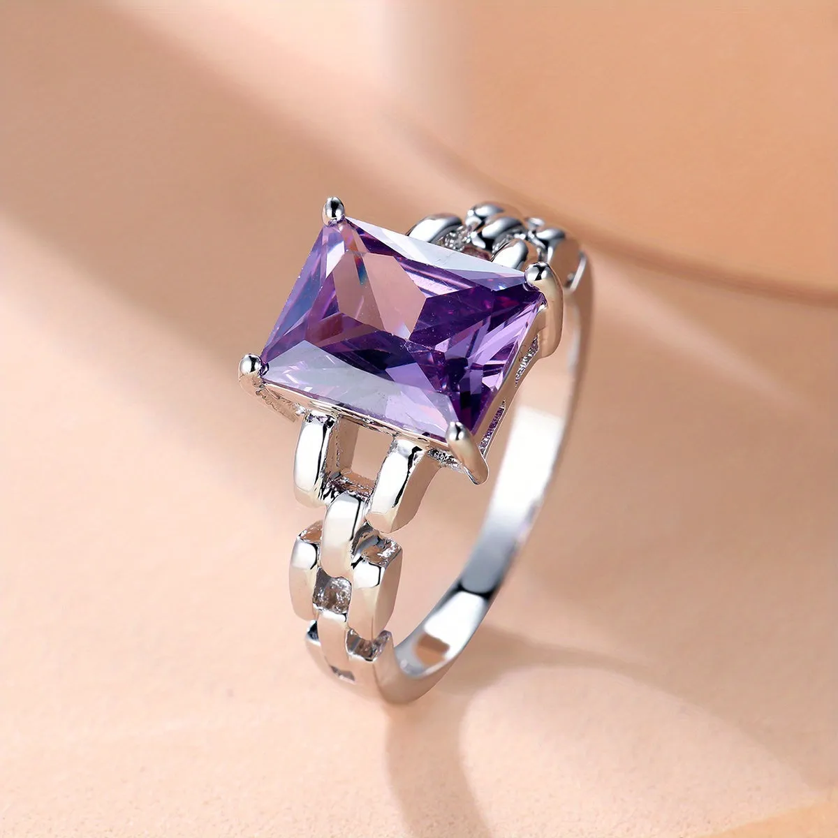 Purple Color Zircon Chain Ring Simple Copper Finger Ring For Women & Girls Daily Wear