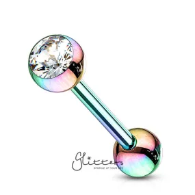 Rainbow Titanium I.P Surgical Steel Tongue Barbells with Press Fit Gem Top Ball-Clear