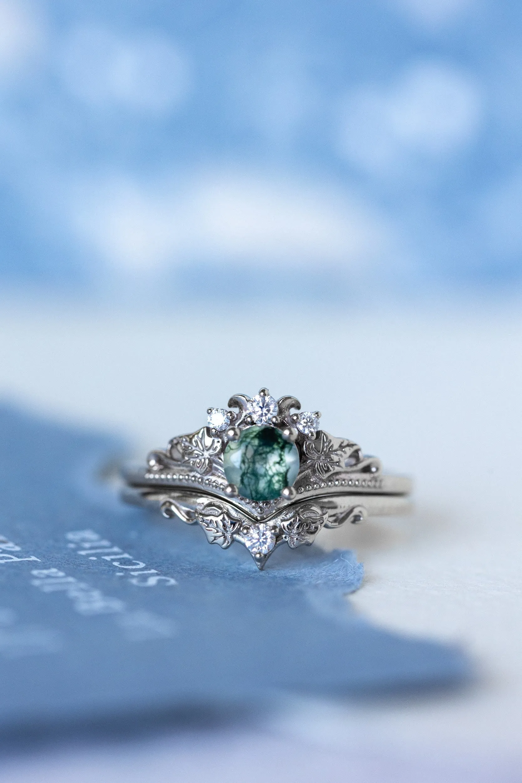 READY TO SHIP: Ariadne bridal ring set in 18K white gold, natural moss agate 5 mm, accent moissanites, AVAILABLE RING SIZES: 9-11 US