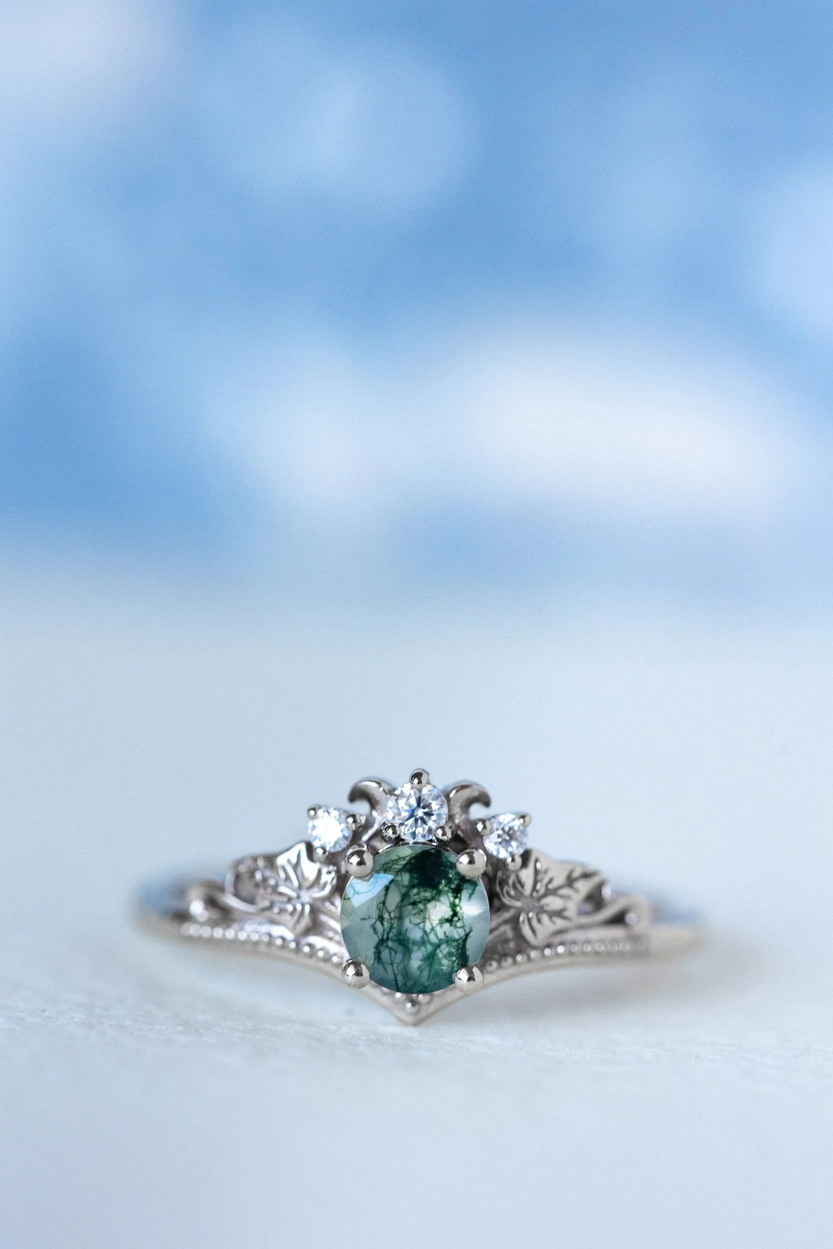 READY TO SHIP: Ariadne bridal ring set in 18K white gold, natural moss agate 5 mm, accent moissanites, AVAILABLE RING SIZES: 9-11 US