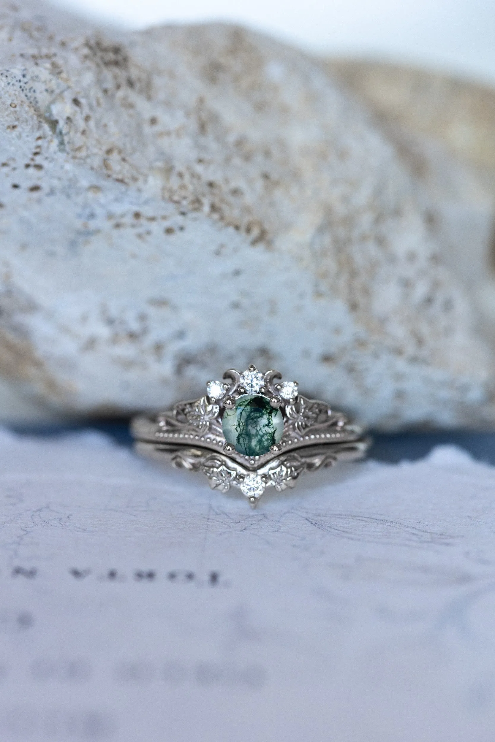 READY TO SHIP: Ariadne bridal ring set in 18K white gold, natural moss agate 5 mm, accent moissanites, AVAILABLE RING SIZES: 9-11 US