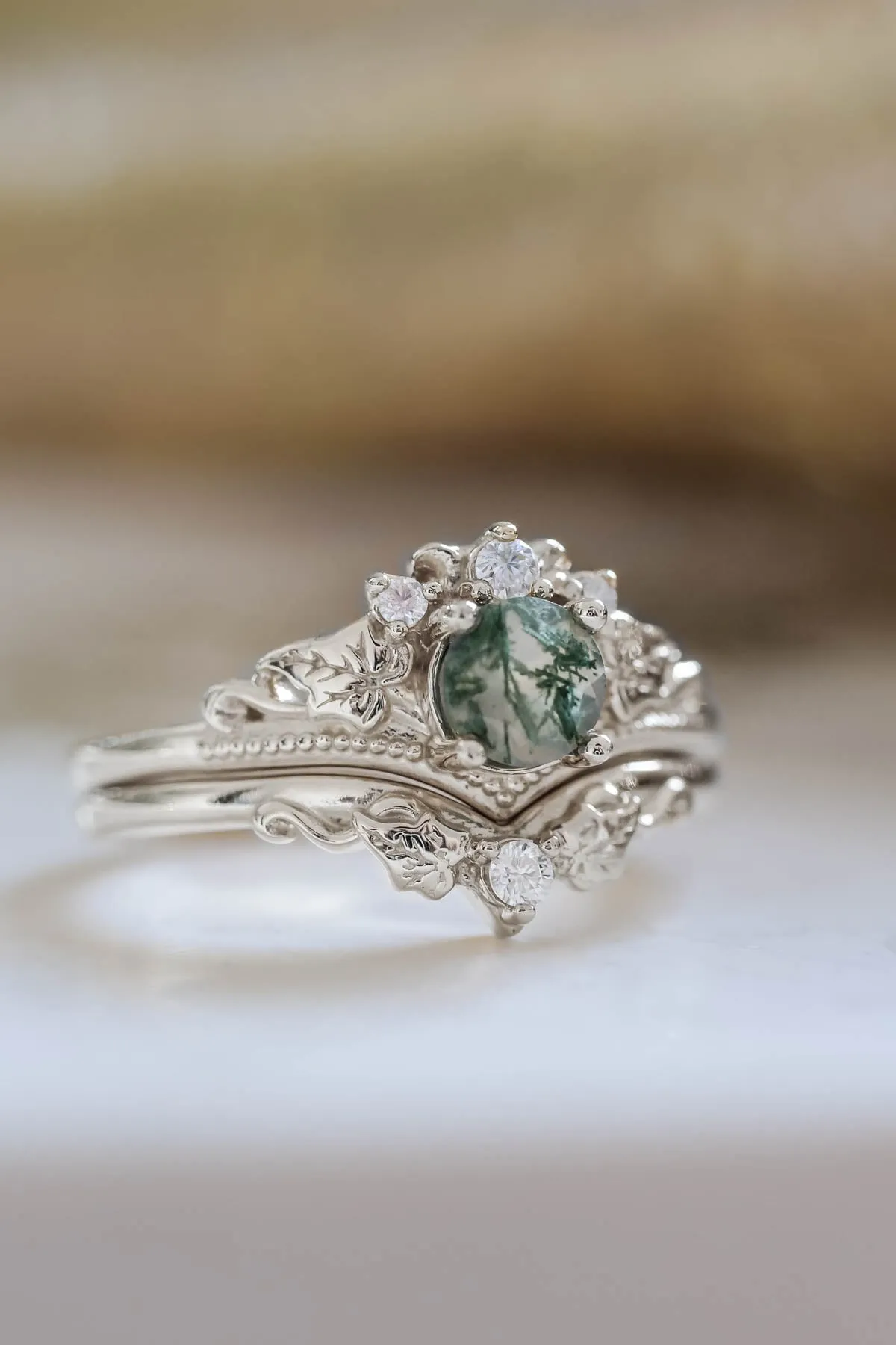 READY TO SHIP: Ariadne bridal ring set in 18K white gold, natural moss agate 5 mm, accent moissanites, AVAILABLE RING SIZES: 9-11 US