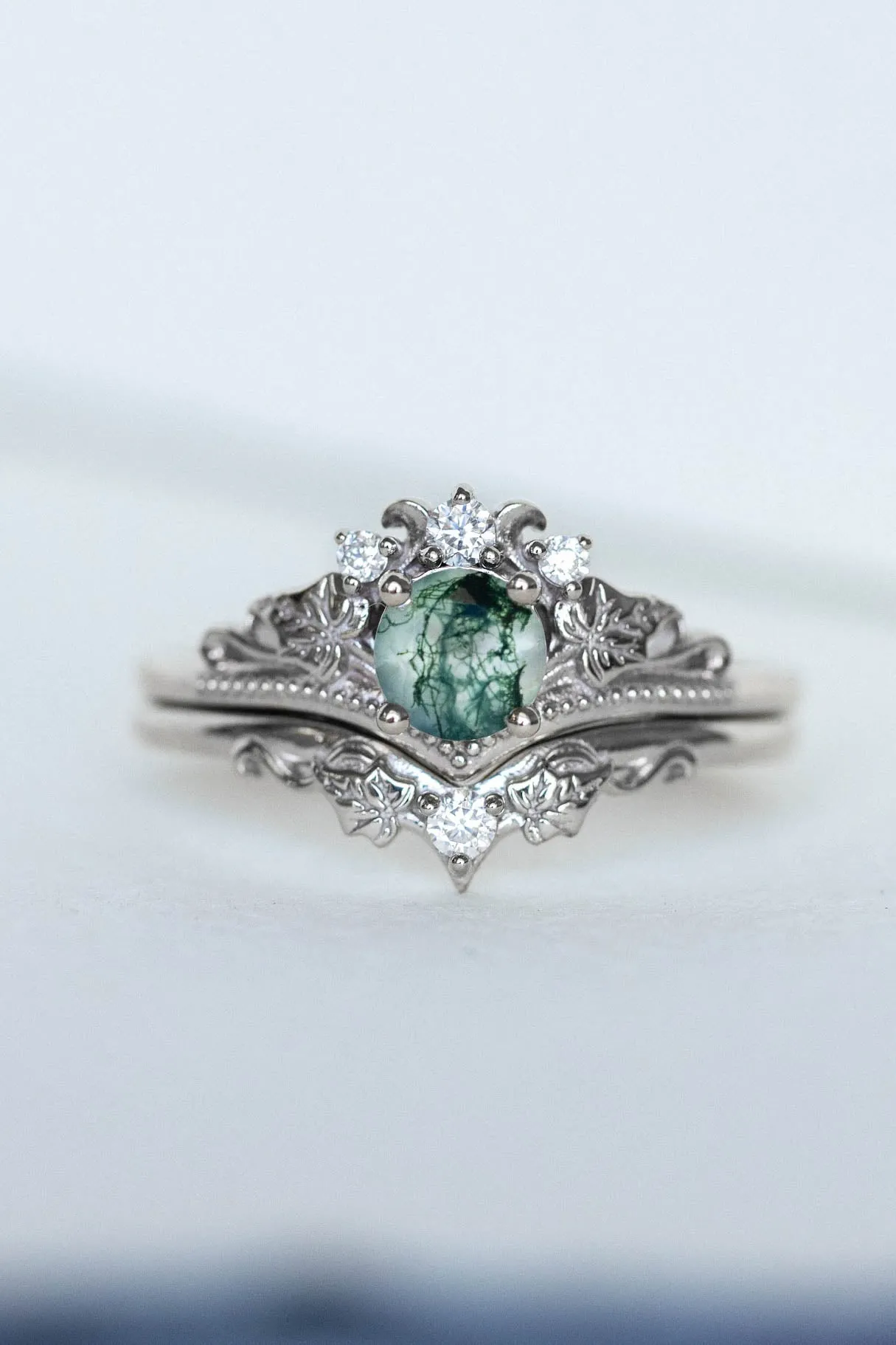 READY TO SHIP: Ariadne bridal ring set in 18K white gold, natural moss agate 5 mm, accent moissanites, AVAILABLE RING SIZES: 9-11 US