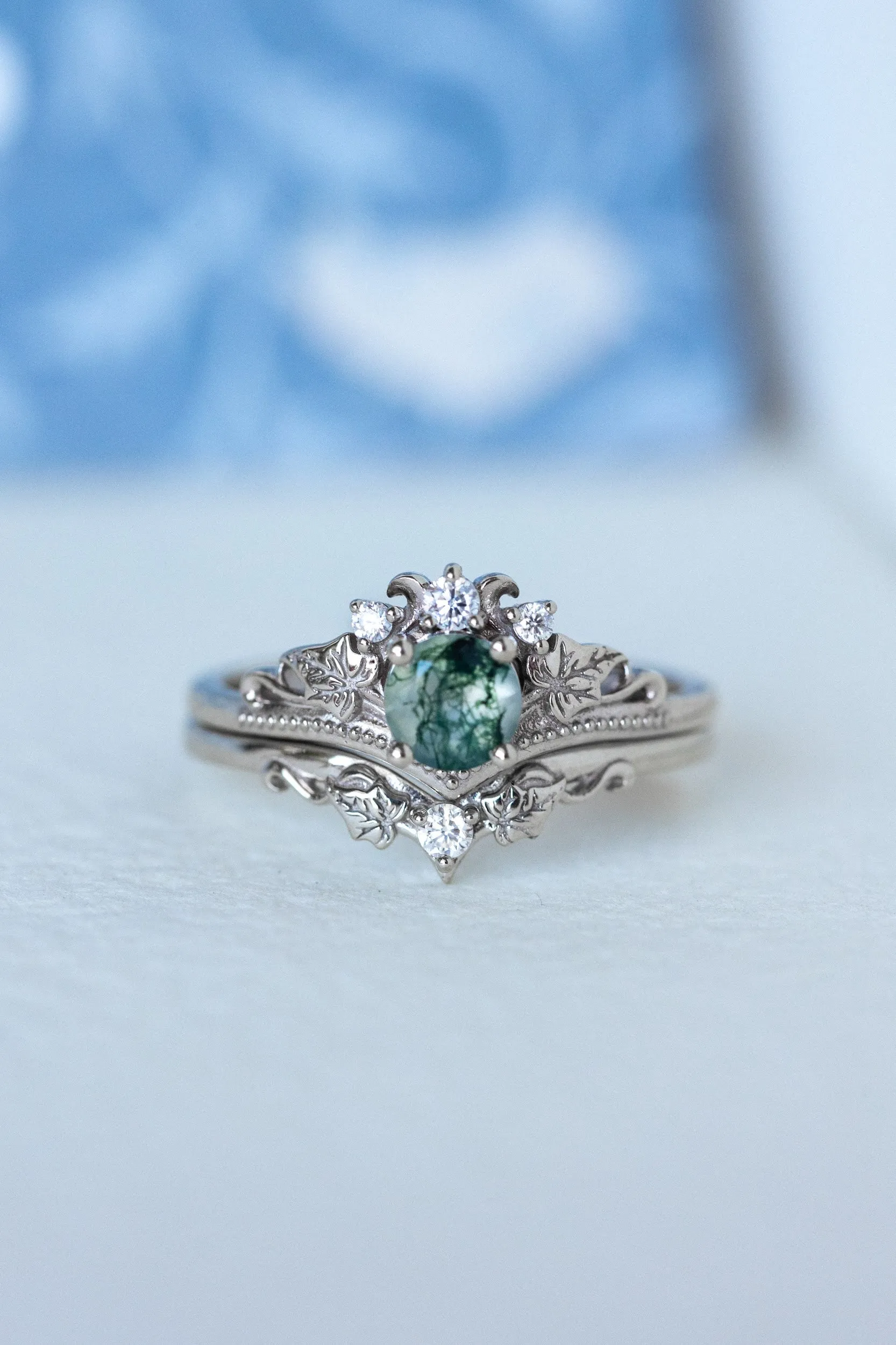 READY TO SHIP: Ariadne bridal ring set in 18K white gold, natural moss agate 5 mm, accent moissanites, AVAILABLE RING SIZES: 9-11 US