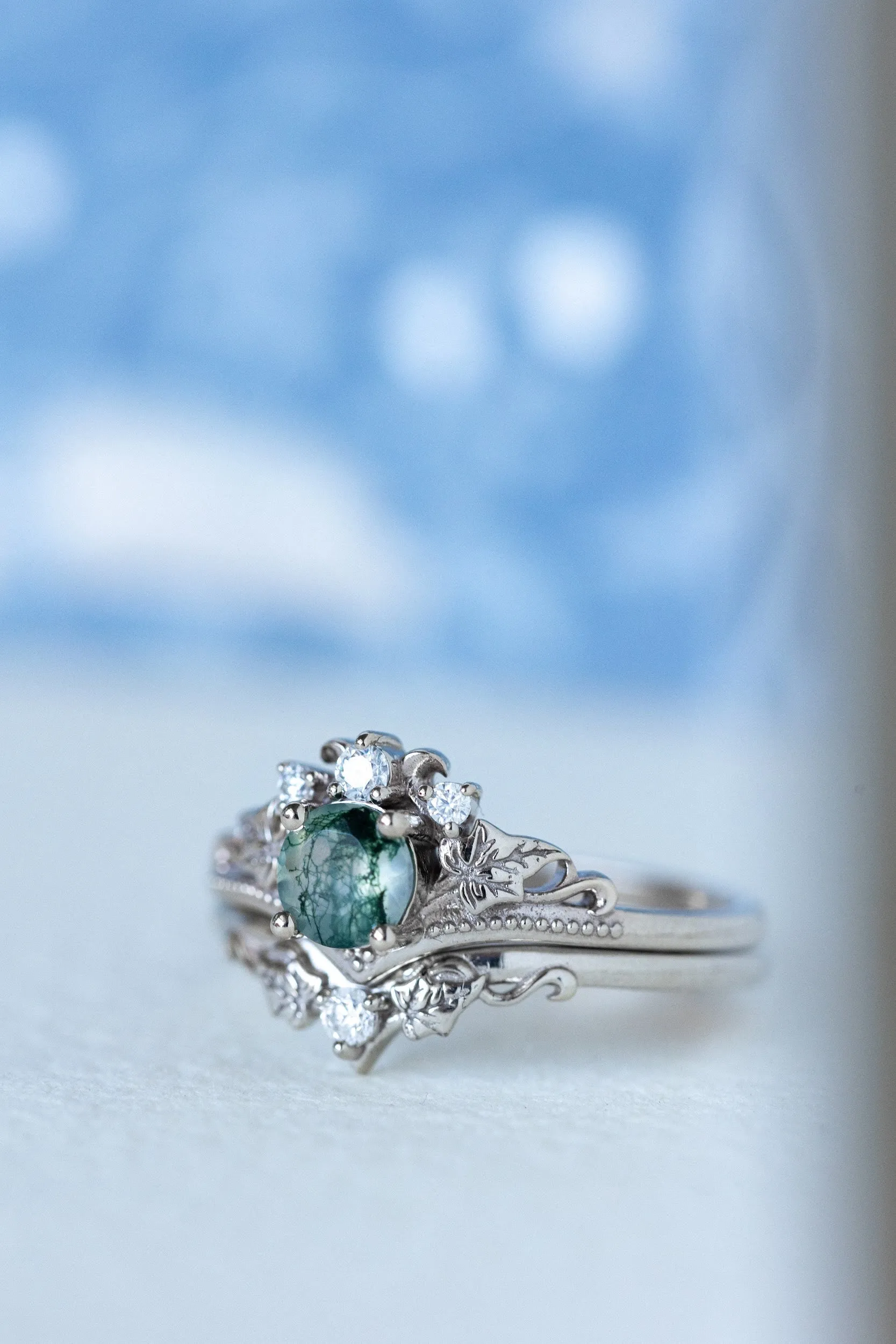 READY TO SHIP: Ariadne bridal ring set in 18K white gold, natural moss agate 5 mm, accent moissanites, AVAILABLE RING SIZES: 9-11 US