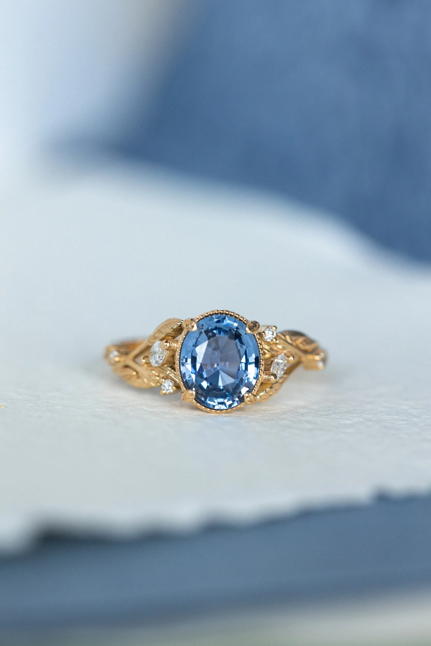 READY TO SHIP: Patricia ring set in 14K yellow gold, natural sapphire oval cut 8x6* mm, accent natural diamonds, AVAILABLE RING SIZES: 6-8US