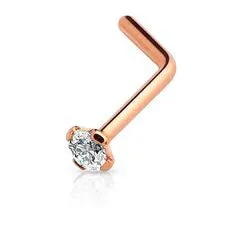 Rose Gold Ion Plated Prong Set CZ L Bend Nose Ring