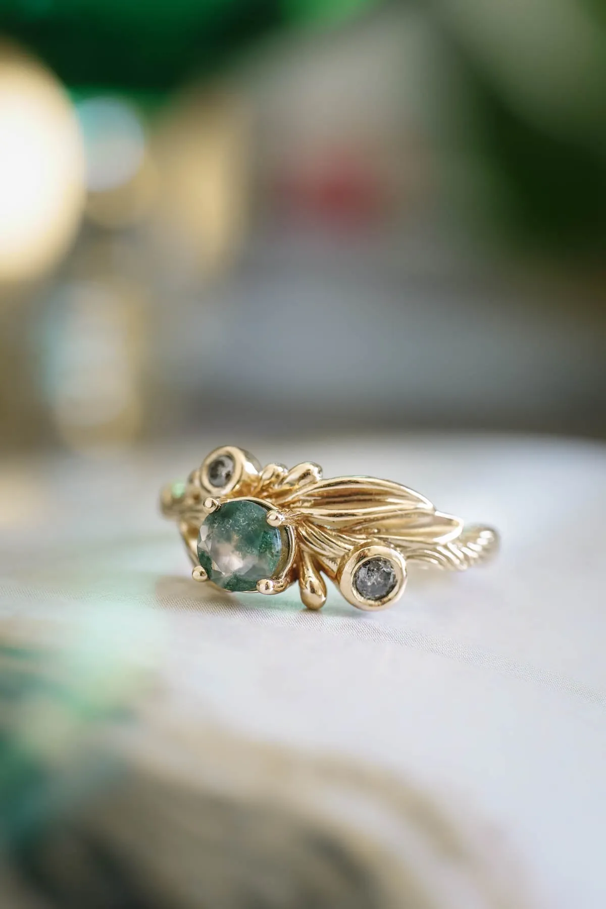 Rutile moss agate gold ring, salt and pepper stone ring / Olivia