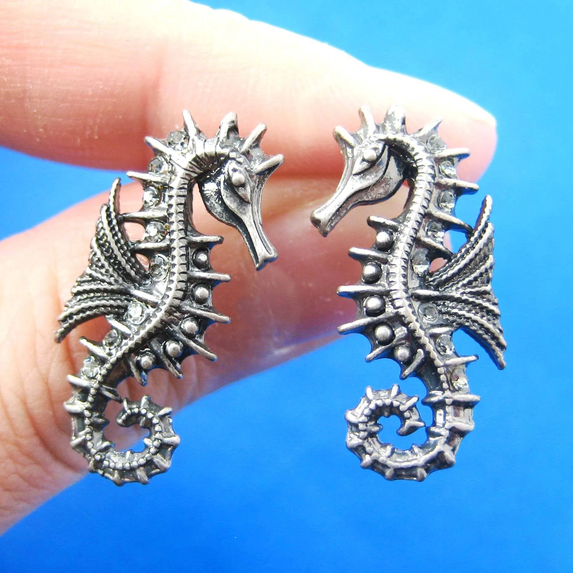 Seahorse Sea Animal Shaped Stud Earrings in Silver | Animal Jewelry