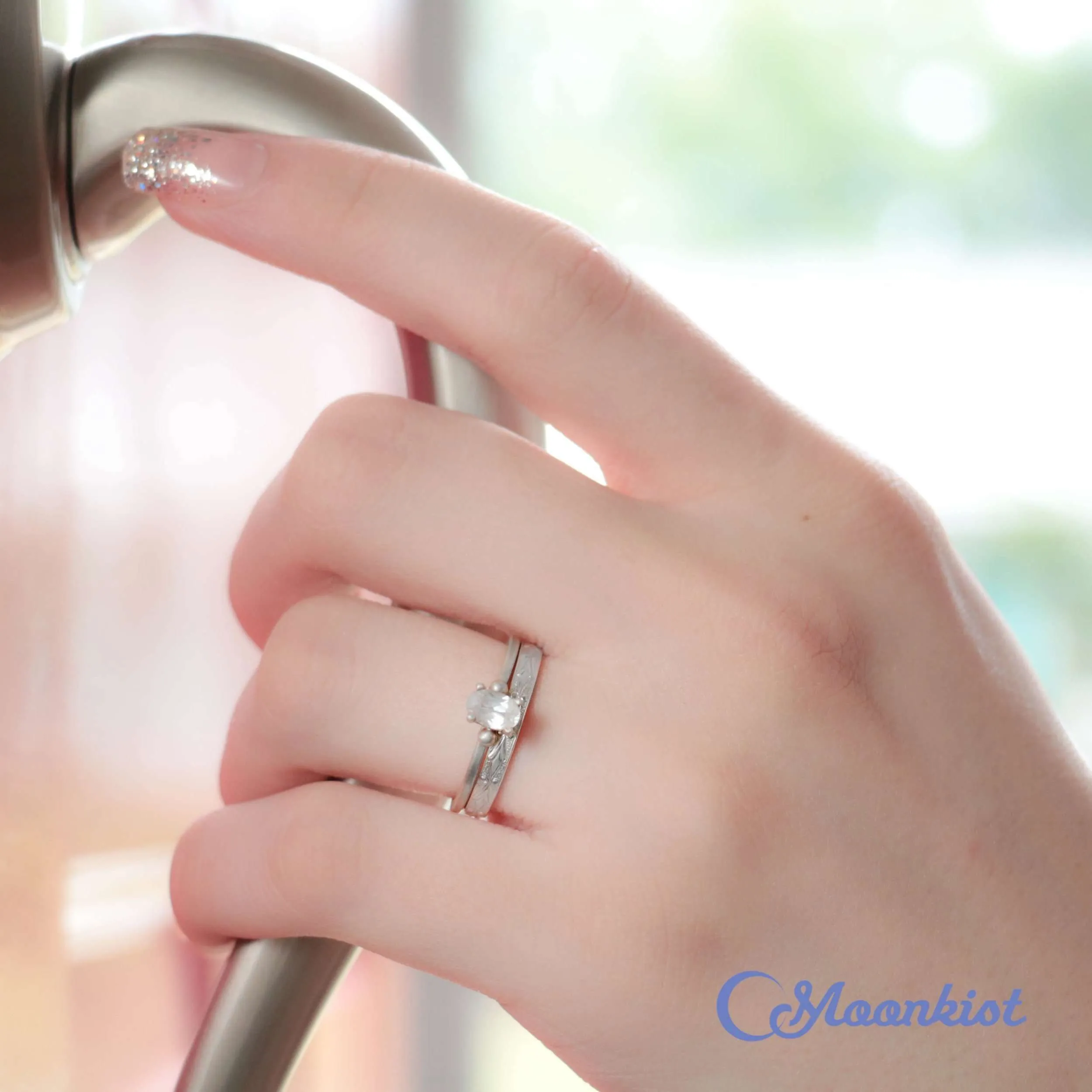 Simple Oval Engagement Ring Set with Textured Silver Band | Moonkist Designs