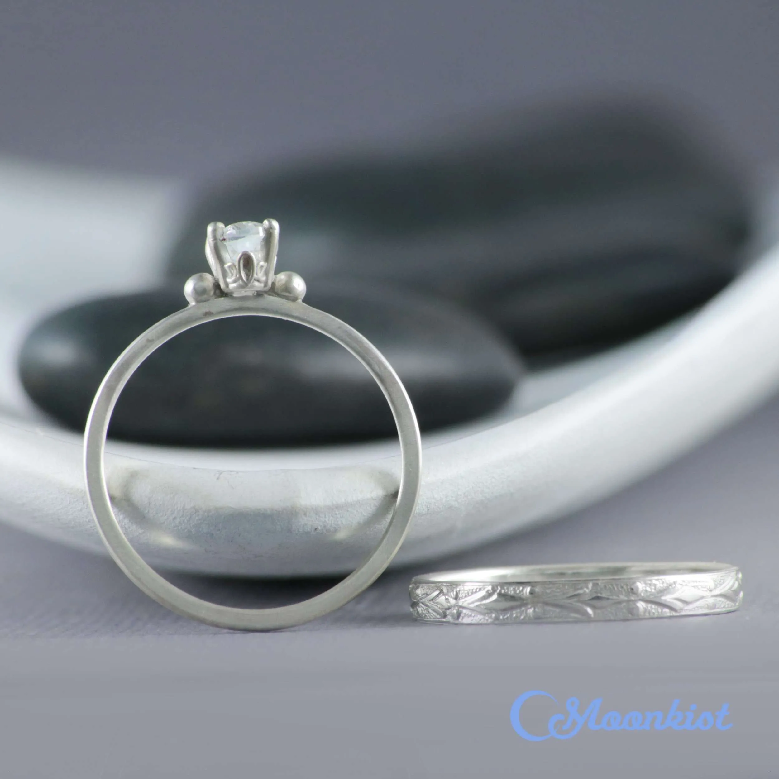 Simple Oval Engagement Ring Set with Textured Silver Band | Moonkist Designs