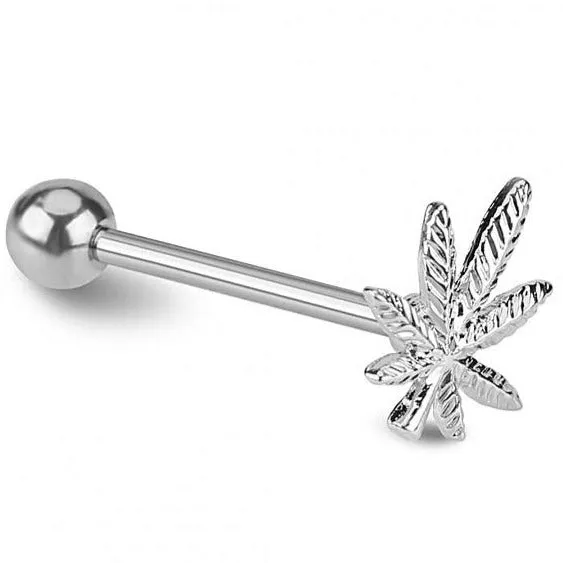 Steel Marijuana Pot Leaf Logo Tongue Ring