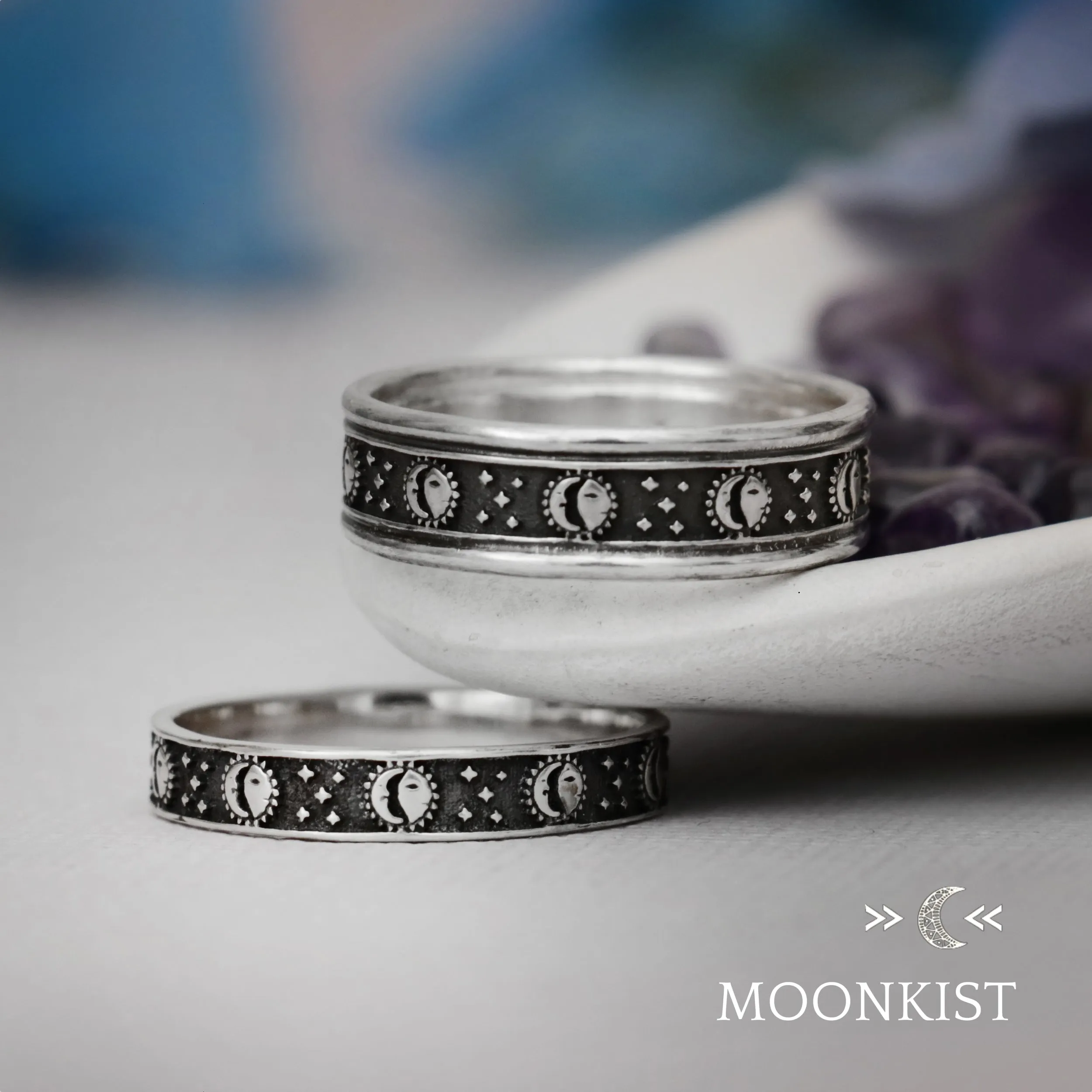 Sterling Silver Eclipse Wedding Band Set | Moonkist Designs