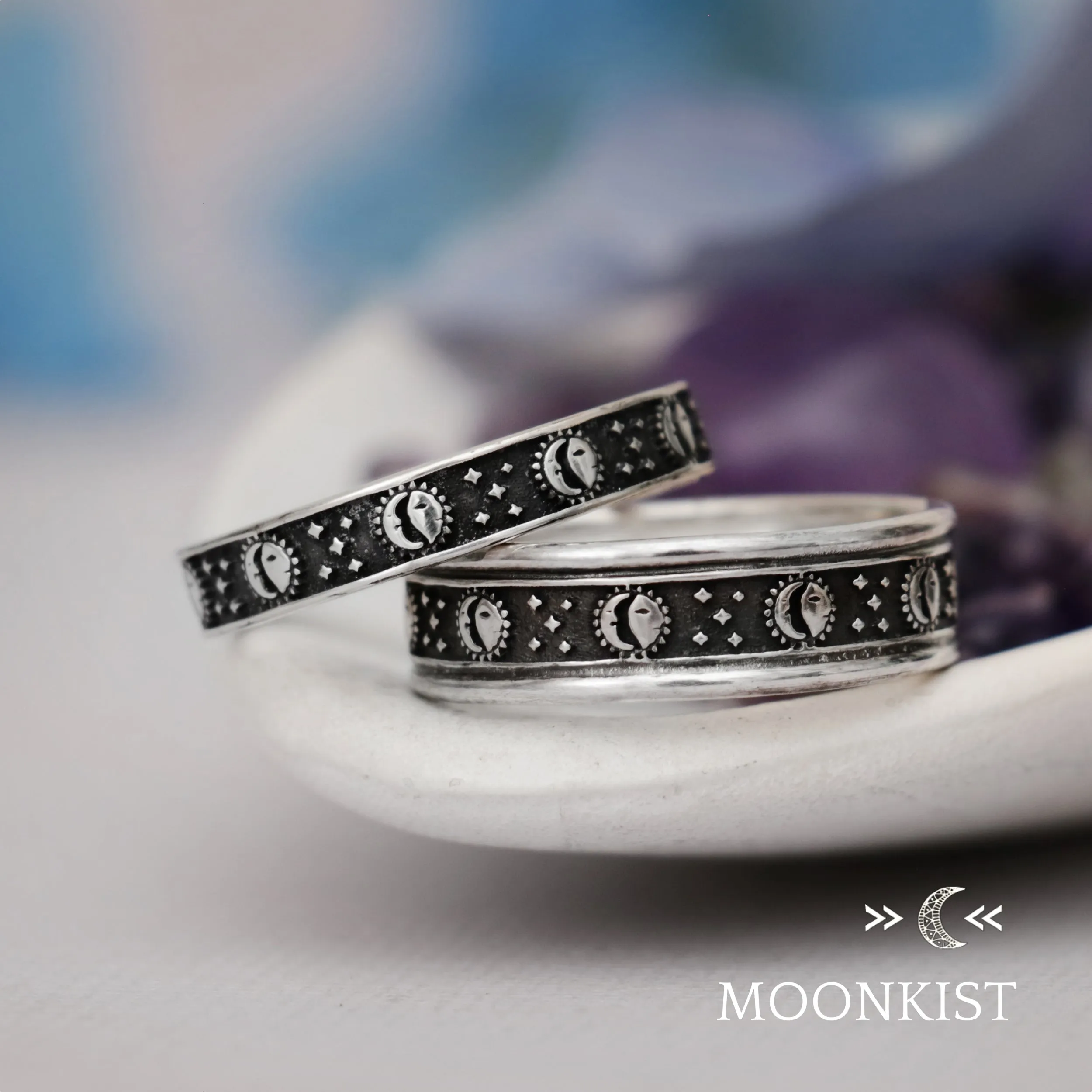 Sterling Silver Eclipse Wedding Band Set | Moonkist Designs