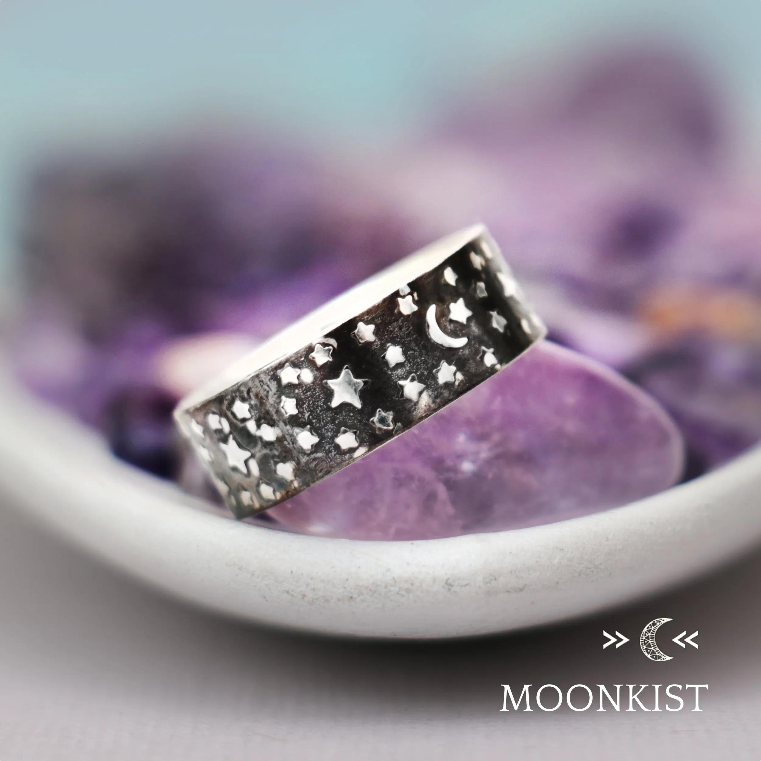 Sterling Silver Moon and Stars Black Wedding Band | Moonkist Designs