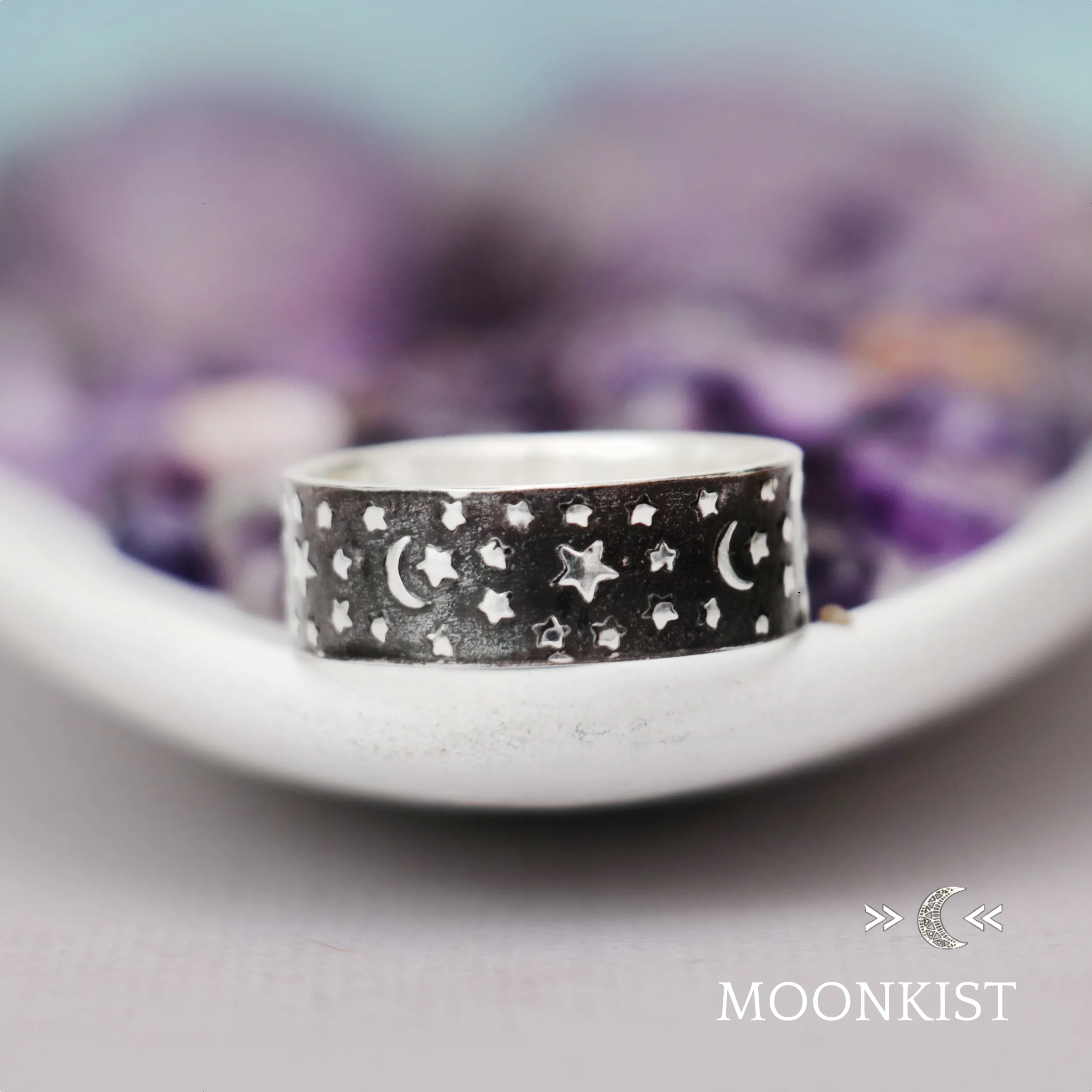 Sterling Silver Moon and Stars Black Wedding Band | Moonkist Designs