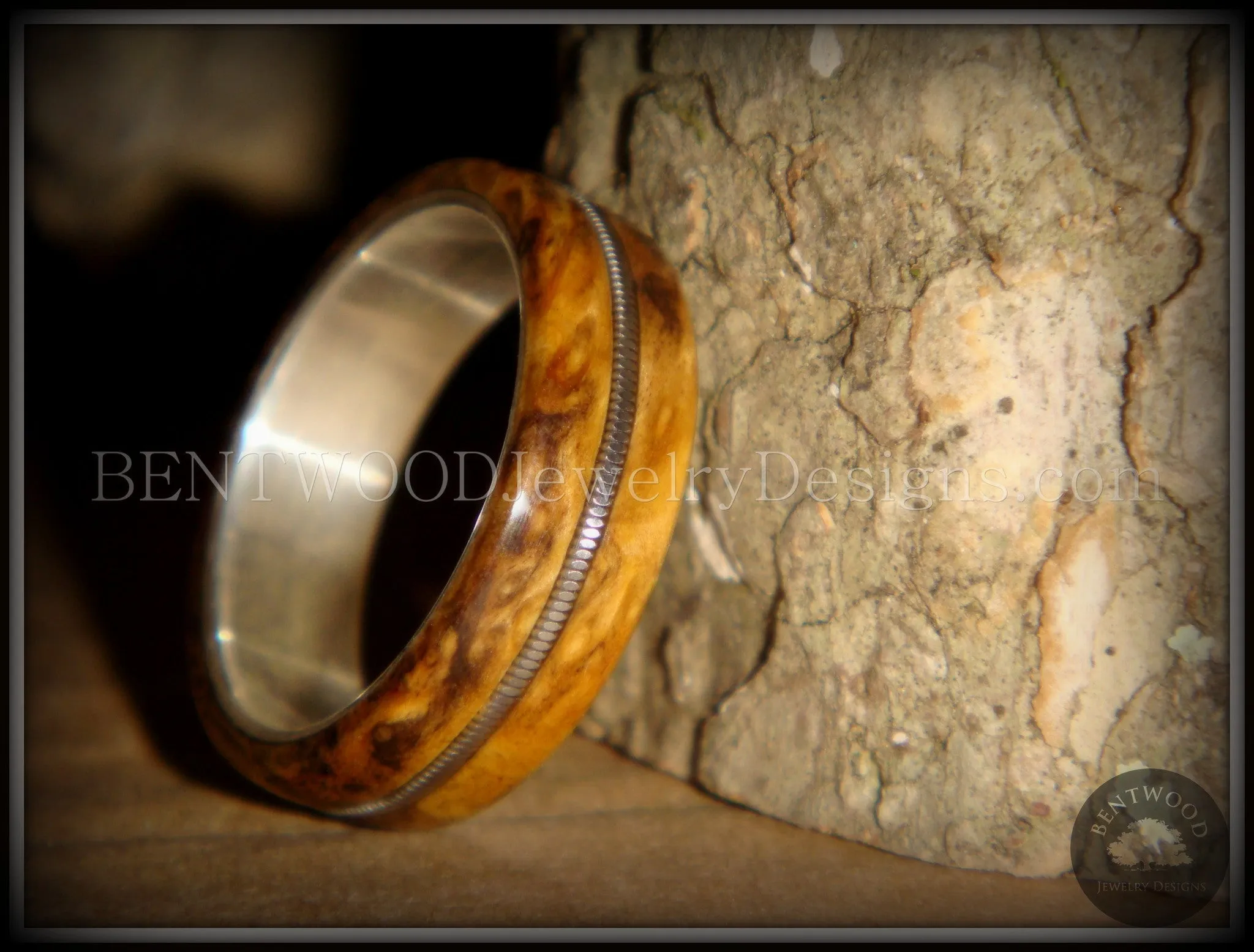 Tazzy Bentwood Ring - Gypsy Rose Lee Buckeye Burl Wood Ring with Stainless Steel Comfort Core and Guitar String Inlay