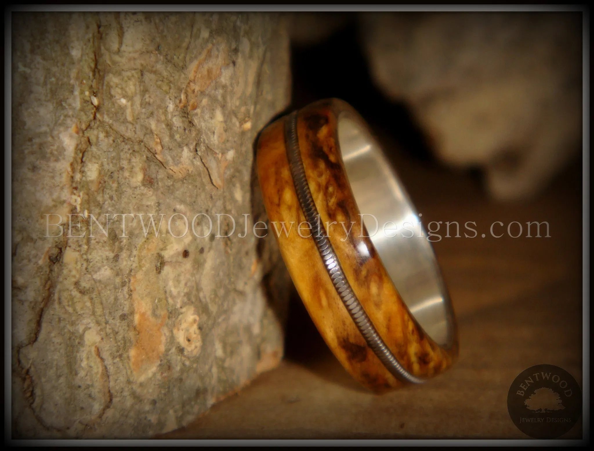 Tazzy Bentwood Ring - Gypsy Rose Lee Buckeye Burl Wood Ring with Stainless Steel Comfort Core and Guitar String Inlay