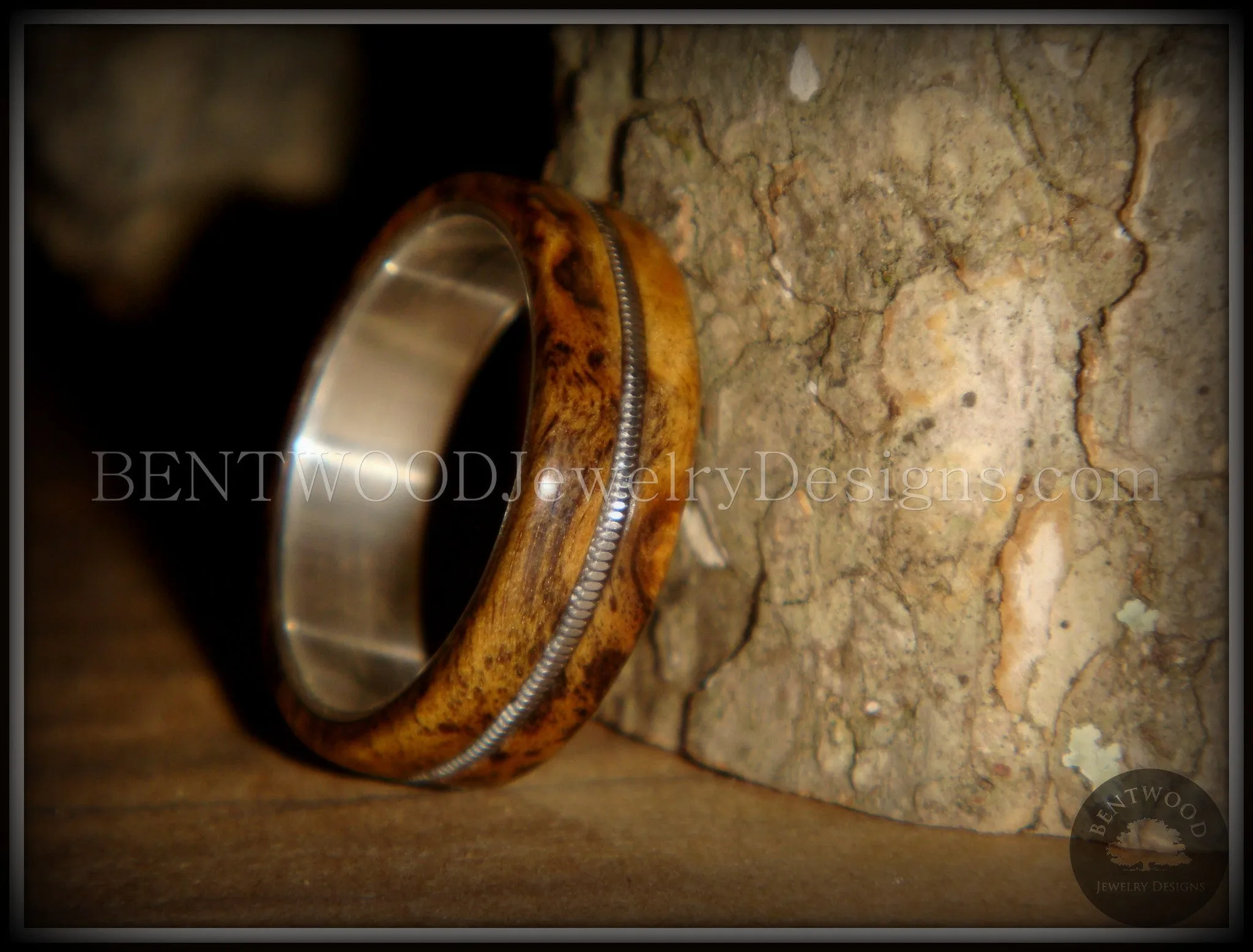 Tazzy Bentwood Ring - Gypsy Rose Lee Buckeye Burl Wood Ring with Stainless Steel Comfort Core and Guitar String Inlay