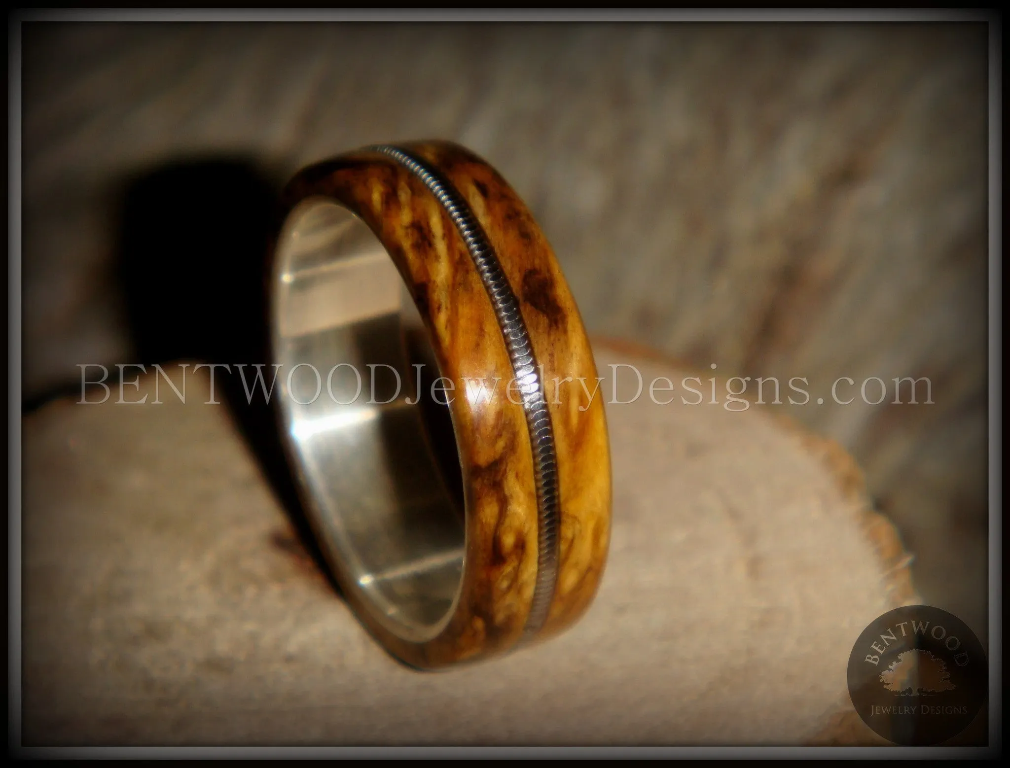 Tazzy Bentwood Ring - Gypsy Rose Lee Buckeye Burl Wood Ring with Stainless Steel Comfort Core and Guitar String Inlay