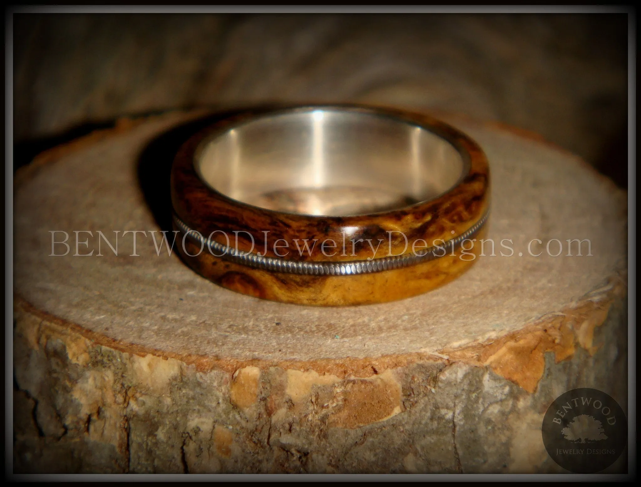 Tazzy Bentwood Ring - Gypsy Rose Lee Buckeye Burl Wood Ring with Stainless Steel Comfort Core and Guitar String Inlay