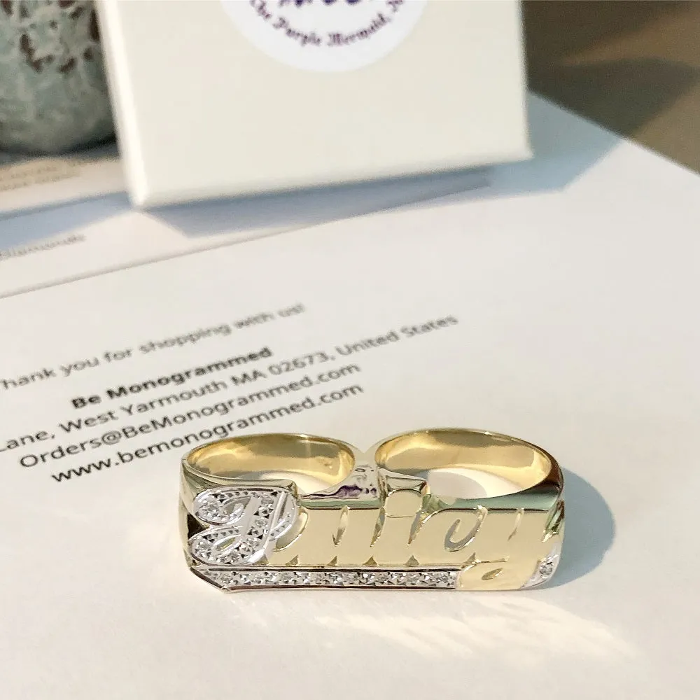 Two Finger Name Ring with Diamonds