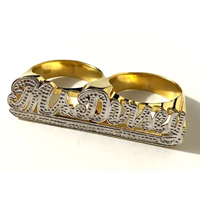 Two Finger Script Beaded Name Ring