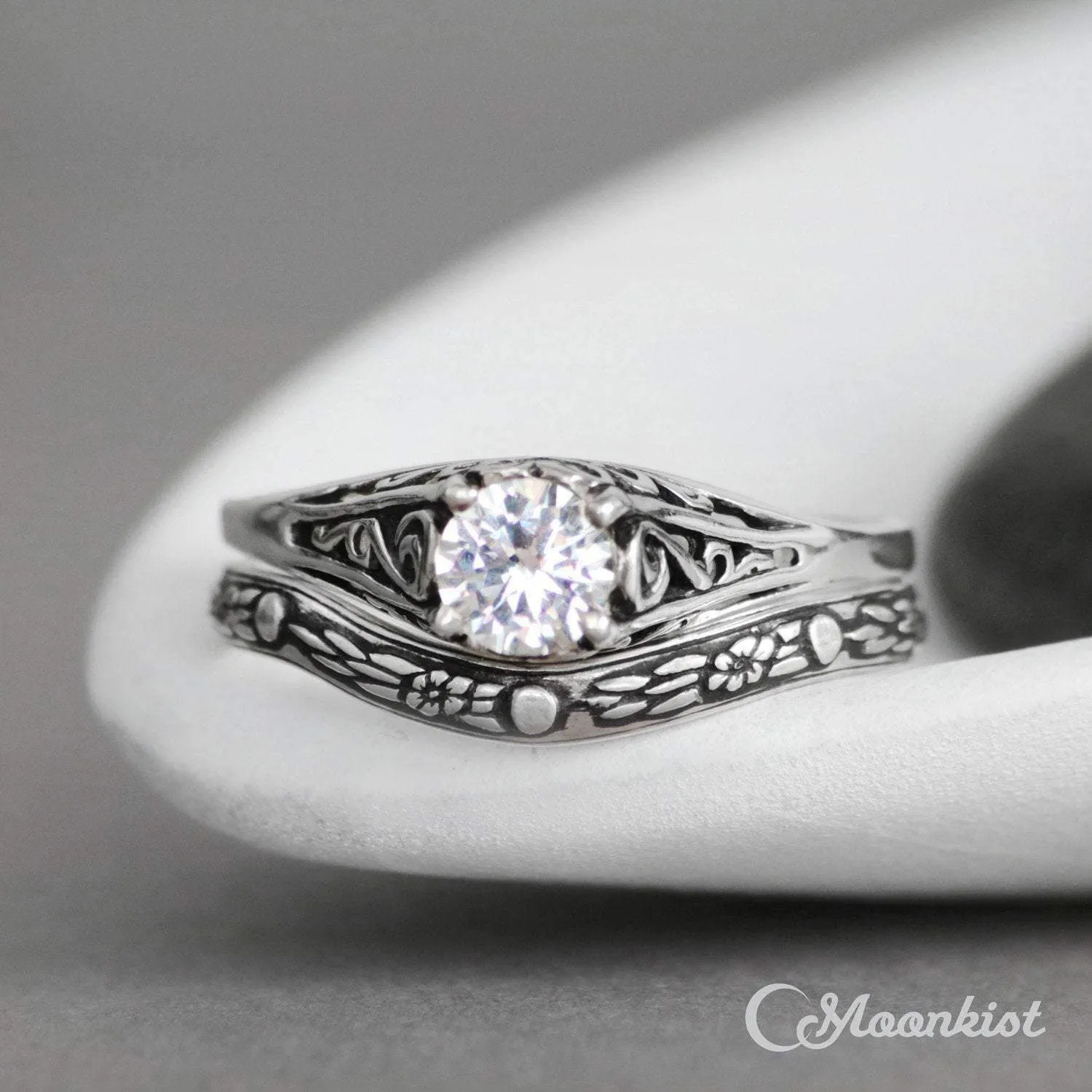 Vintage Curved Silver Celestial Wedding Band | Moonkist Designs